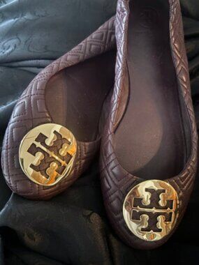 Tory Burch Brown Quilted Ballet Flats Gold Logo Medallion Women's Size 10